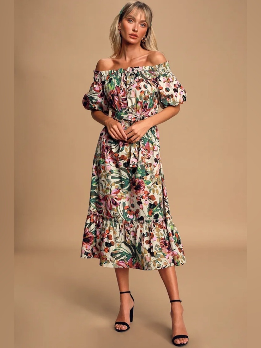 LULUS SHE'S THE ONE BEIGE FLORAL OFF THE SHOULDER COTTON POPLIN MIDI DRESS